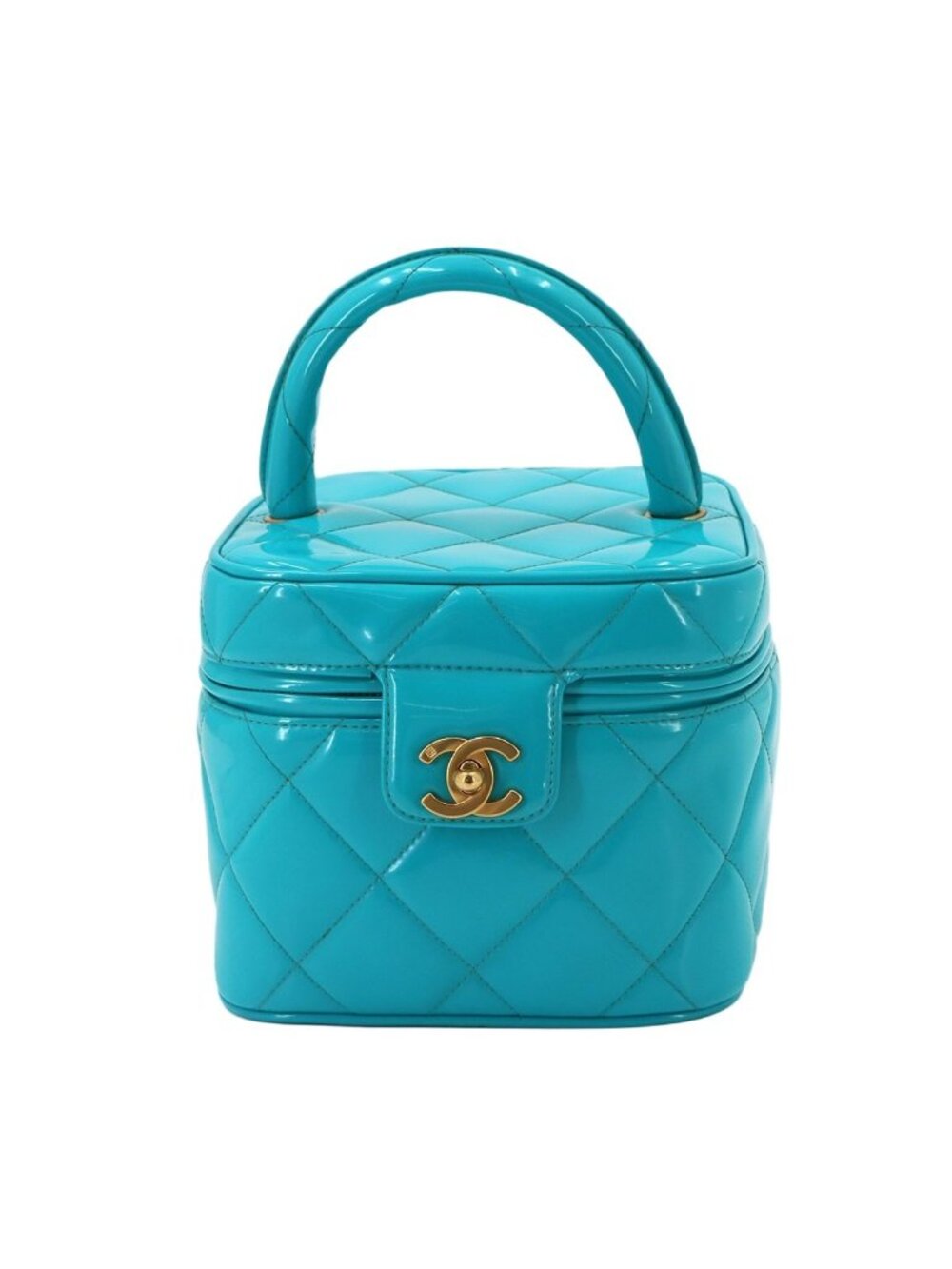 Chanel Quilted Vanity Hand Bag Patent Leather Blue CC Logo Gold Vintage